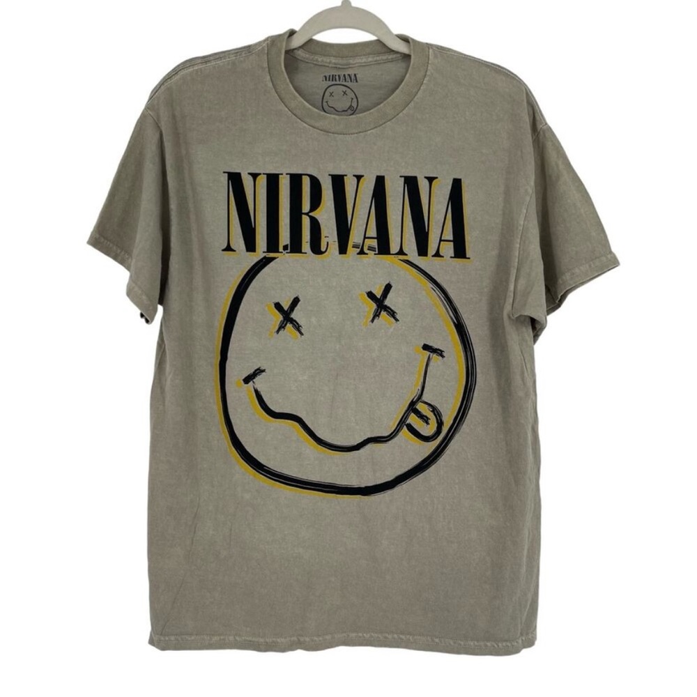 NWOT, Nirvana, Officially Licensed Nevermind
Smiley Grunge Tee, Beige Acid Wash